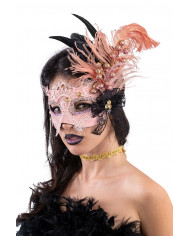 Maschera con pizzo rosa con dec glitter e piume in scatola pvc