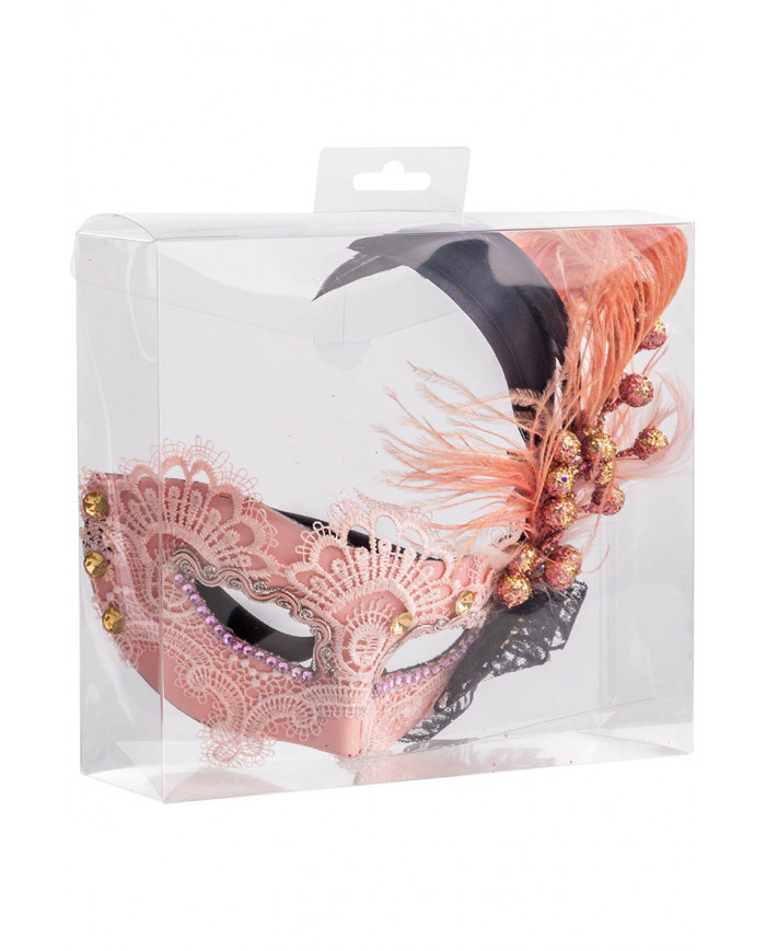 MASK WITH PINK LACE, GLITTERED DEC. AND FEATHERS IN PVC BOX