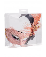 Maschera con pizzo rosa con dec glitter e piume in scatola pvc