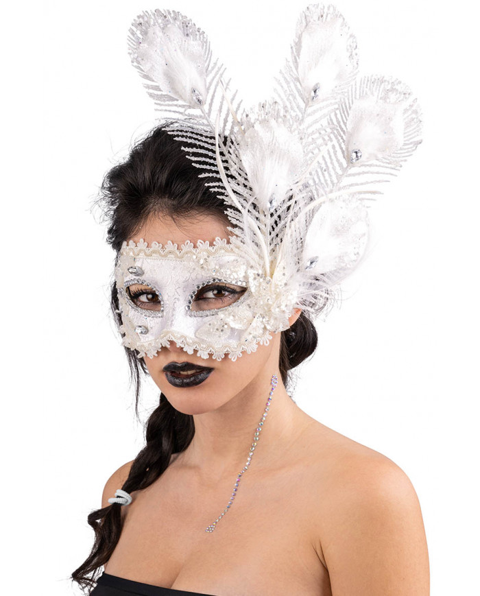 Maschera in tes damascato bianco con dec floreali glitter e piume in scatola pvc