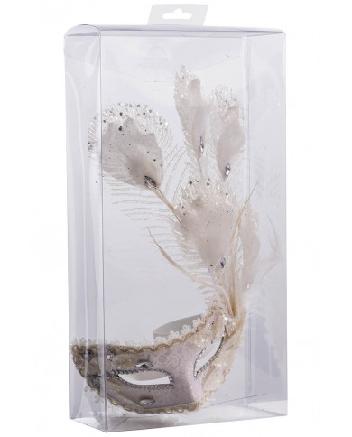 masque en tissu damassé blanc avec décorations florales en poudre de paillettes et plumes dans une boîte en PVC