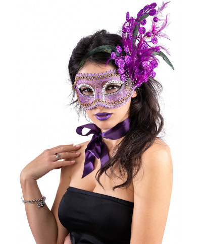 Maske aus Damaststoff Violett mit Glitter-Dek. und Federn in PVC-Schachtel