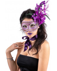 Maske aus Damaststoff Violett mit Glitter-Dek. und Federn in PVC-Schachtel