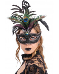 Maschera con strass nera,dec glitter e piume di pavone  in scatola pvc