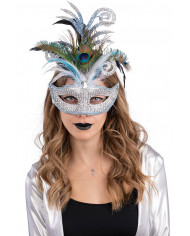 masque argenté avec strass, décorations en poudre de paillettes et plumes de paon dans une boîte en PVC