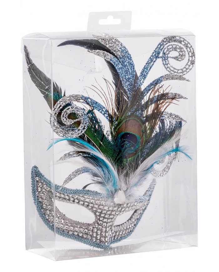 SILVER RHINESTONES MASK WITH GLITTERED DEC. AND PEACOCK FEATHERS IN PVC BOX