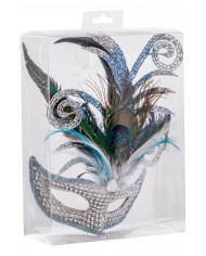 masque argenté avec strass, décorations en poudre de paillettes et plumes de paon dans une boîte en PVC