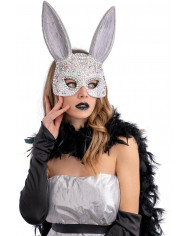 masque lapin gris avec strass et plumes sur papier cartonné
