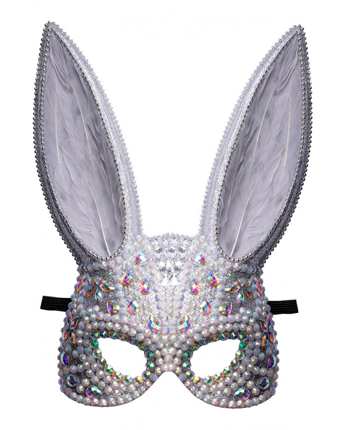GREY RABBIT MASK WITH RHINESTONES AND FEATHERS ON CARD