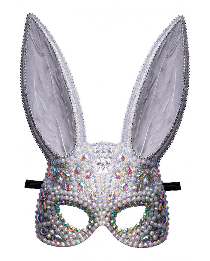 Maschera coniglio grigio con strass e piume su cartoncino