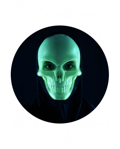 masque squelette G.I.D. (GLOW IN THE DARK) en plastique avec capuche avec carte d’en-tête