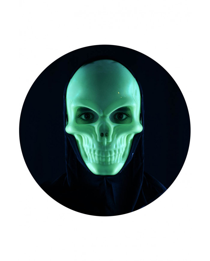 masque squelette G.I.D. (GLOW IN THE DARK) en plastique avec capuche avec carte d’en-tête