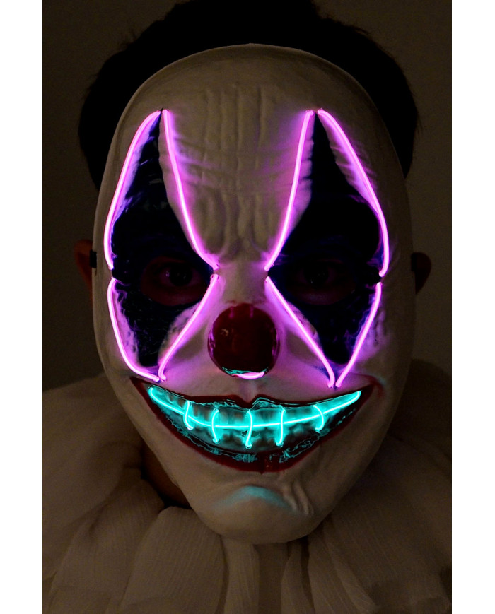masque clown en plastique avec décorations lumineuses (piles non comprises) dans une pochette avec carte d’en-tête