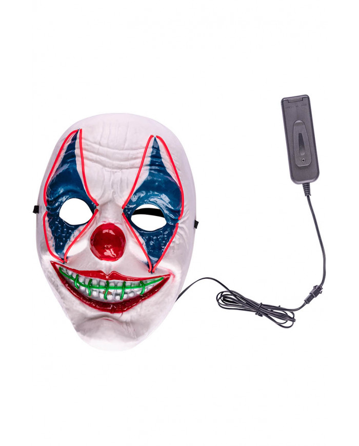 masque clown en plastique avec décorations lumineuses (piles non comprises) dans une pochette avec carte d’en-tête