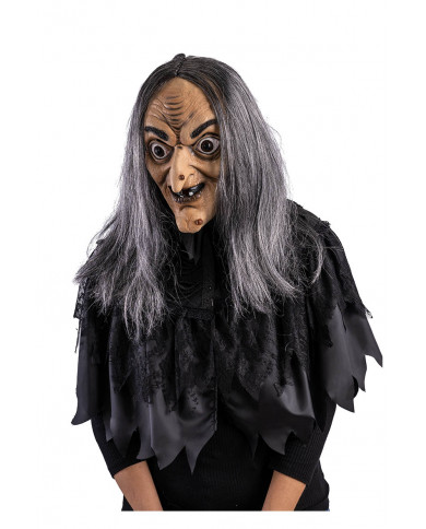 masque vieille sorcière en latex avec cheveux avec carte d’en-tête