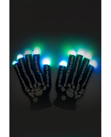 gants squelette en tissu avec lumières (piles comprises) dans une pochette avec carte d’en-tête