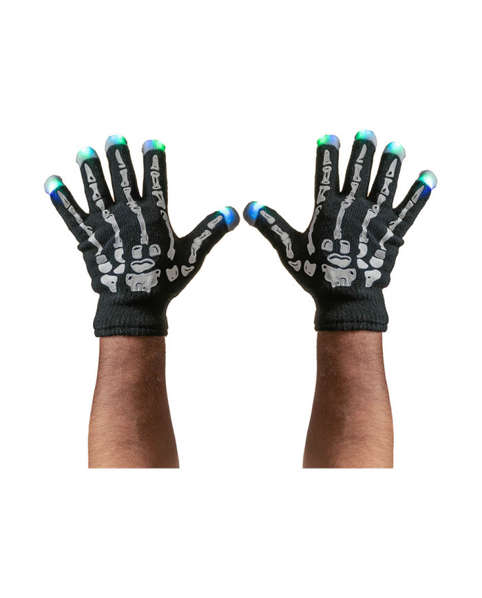 gants squelette en tissu avec lumières (piles comprises) dans une pochette avec carte d’en-tête