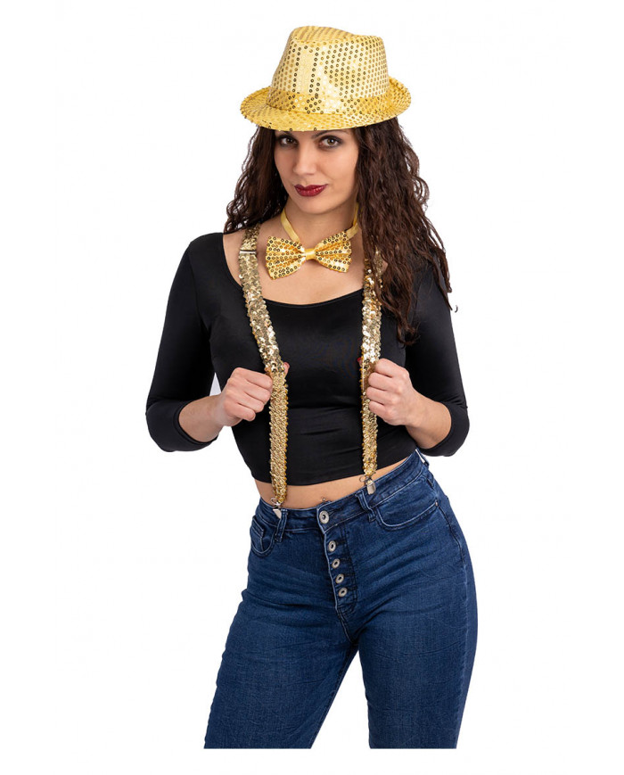 ensemble déguisement danse disco doré (chapeau, bretelles, nœud papillon)  sur papier cartonné