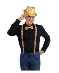 conjunto de baile disco dorado (sombrero, tirantes, pajarita) sobre cartoncillo