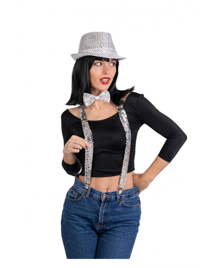 SILVER DISCO DANCE DISGUISE SET (HAT, BRACES, BOW TIE) ON CARD