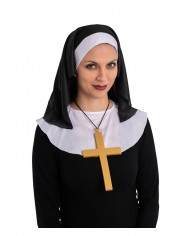 ensemble déguisement nonne (coiffe, col, collier) dans une pochette avec carte d’en-tête