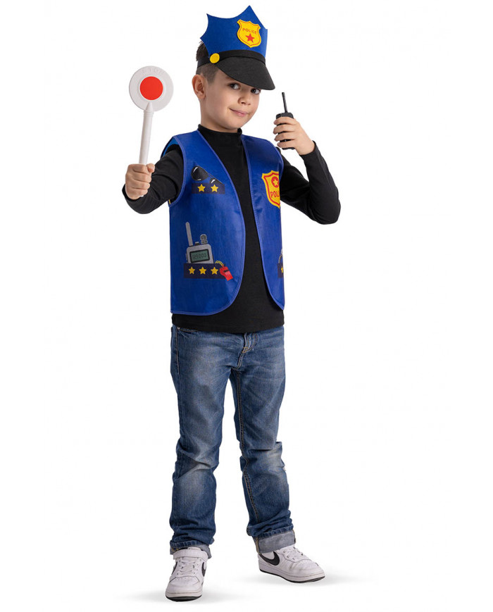 ensemble déguisement agent de police pour enfants (gilet, chapeau,  talkie-walkie et disque) dans une pochette