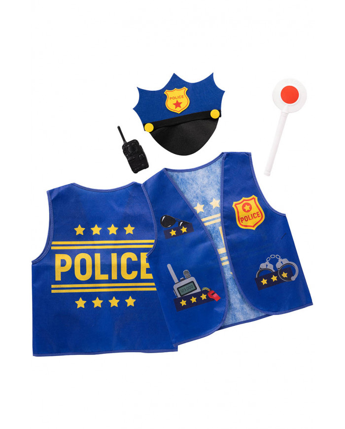 conjunto policía para niño (chaleco, sombrero, radio pequeña y paleta) en  bolsa con gancho