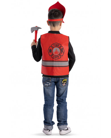 conjunto de bombero para niño (chaleco, sombrero y hacha) en bolsa con gancho
