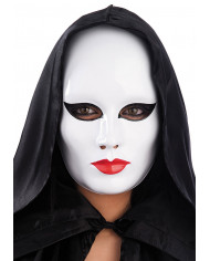 White plastic mask with woman traits, printed eyes and mouth.
