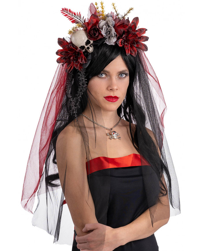 HEADBAND WITH FLOWERS, SKELETON AND VEIL WITH HANGTAG LABEL