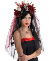 HEADBAND WITH FLOWERS, SKELETON AND VEIL WITH HANGTAG LABEL