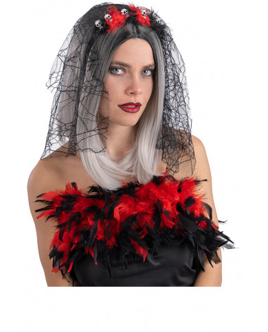 diadema con velo, rosas y calaveras sobre cartoncillo