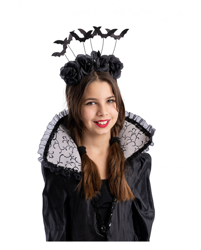 BLACK HEADBAND WITH  ROSE AND BATS WITH HEADER