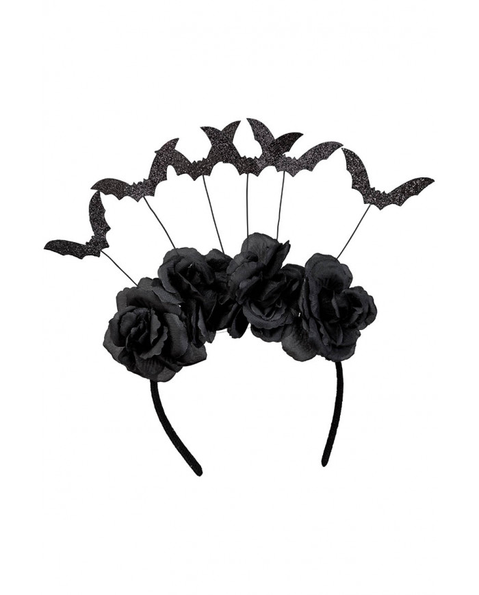 Schwarzer Haarreif mit Rosen und Fledermäusen mit Aufhänger