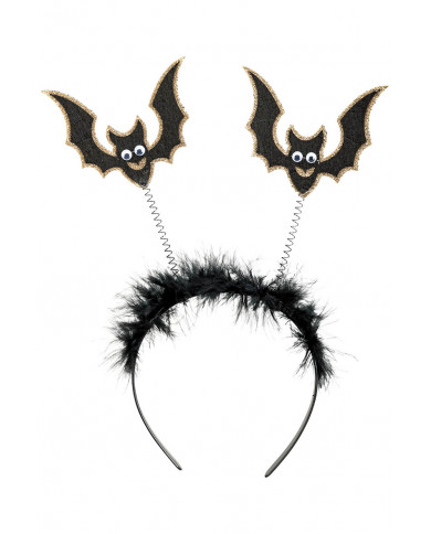 diadema negra con murciélagos y plumas con solapa de cartón