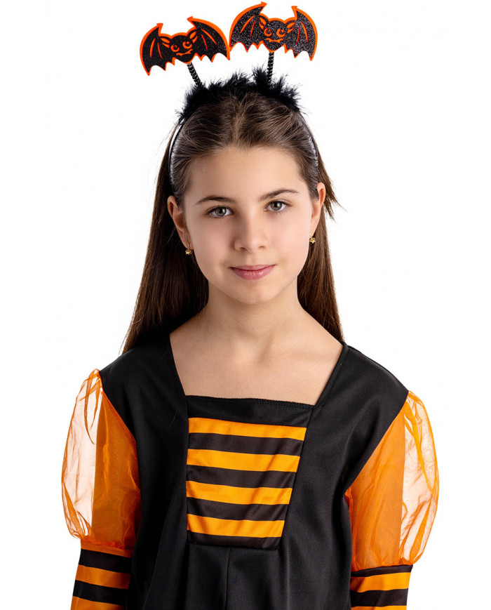 serre-tête avec chauves-souris orange / noirs et plumes avec carte d’en-tête