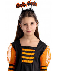 Haarreif mit orange/schwarzen Fledermäusen und Federn mit Aufhänger