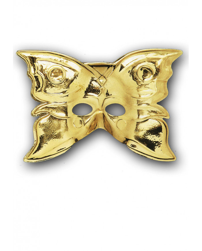 Maschera in plastica metallizzata oro, sagomata a forma di
