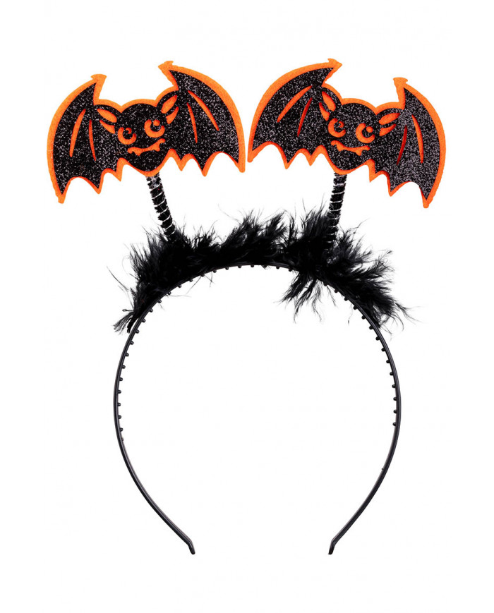 serre-tête avec chauves-souris orange / noirs et plumes avec carte d’en-tête