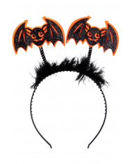 diadema con murciélagos naranjas/negros y plumas con solapa de cartón