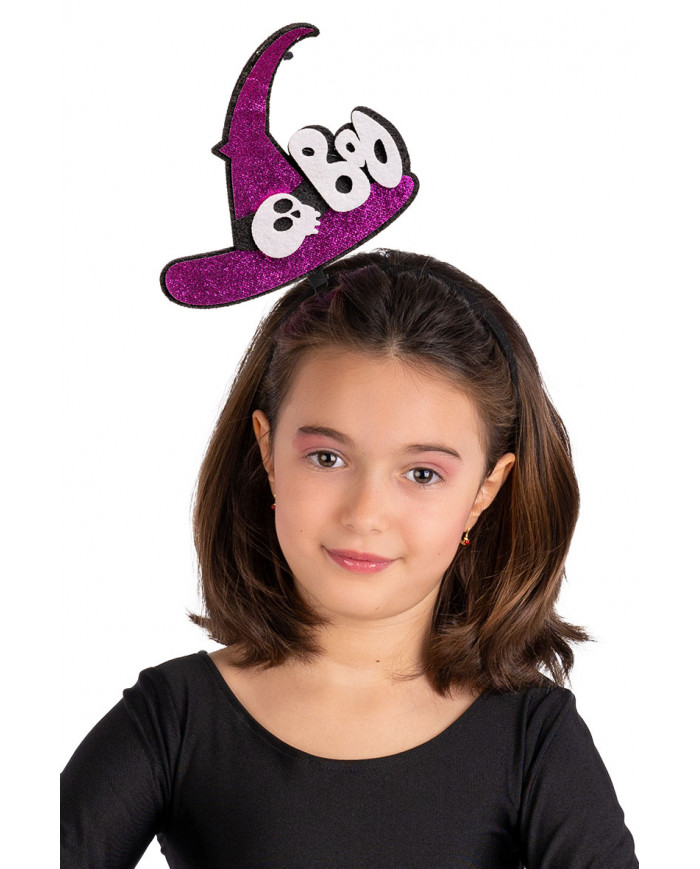 diadema con sombrero de bruja de purpurina con solapa de cartón