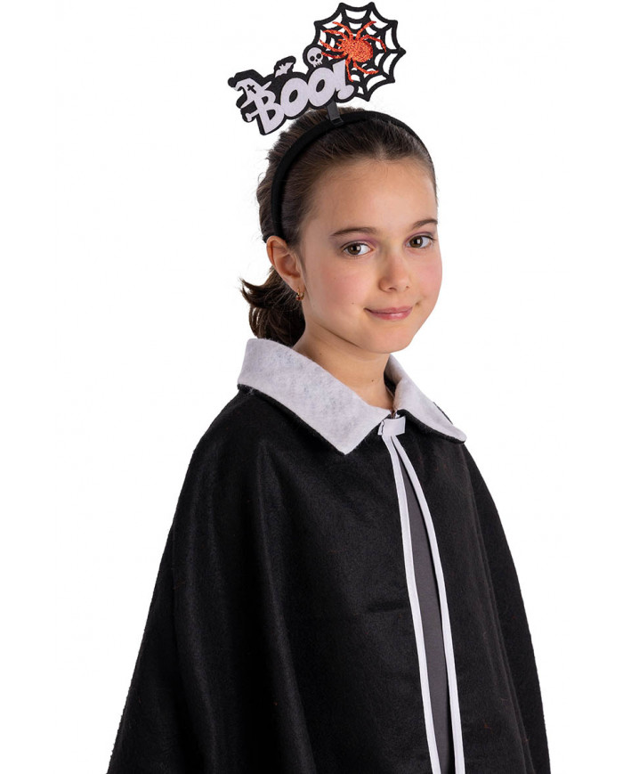 serre-tête avec toile d’araignée et inscription « BOO » en poudre de paillettes avec carte d’en-tête