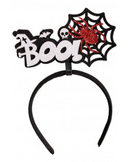serre-tête avec toile d’araignée et inscription « BOO » en poudre de paillettes avec carte d’en-tête