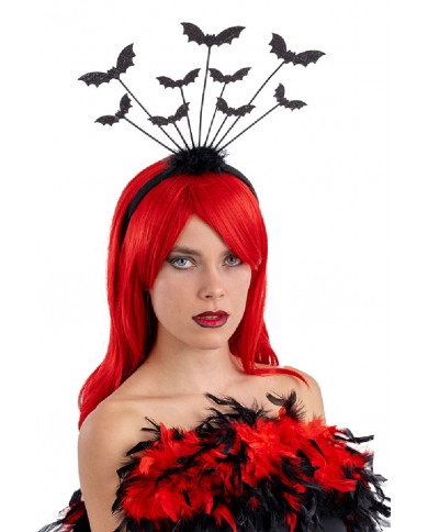 serre-tête noir avec chauves-souris et orné de plumes avec carte d’en-tête