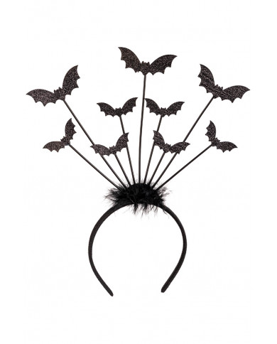 serre-tête noir avec chauves-souris et orné de plumes avec carte d’en-tête