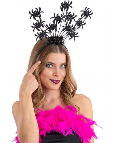 Serre-tête noir avec araignées et orné de plumes avec carte d’en-tête