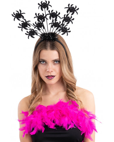 Serre-tête noir avec araignées et orné de plumes avec carte d’en-tête