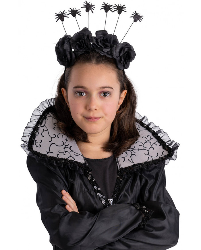 Serre-tête noir avec araignées et roses avec carte d’en-tête