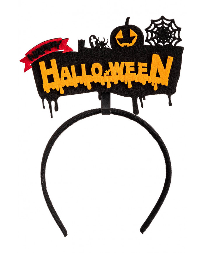 diadema de happy halloween (feliz halloween) naranja de fieltro con solapa de cartón