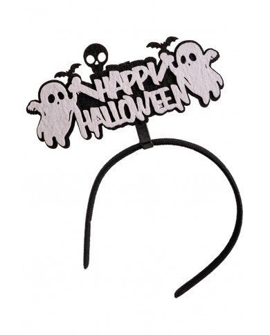 diadema de happy halloween (feliz halloween) blanco de fieltro con solapa de cartón